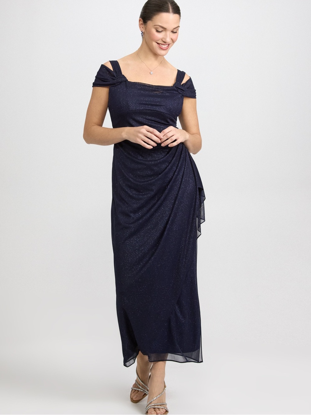 Laura Navy Blue Shimmer Off Shoulder Formal Dress